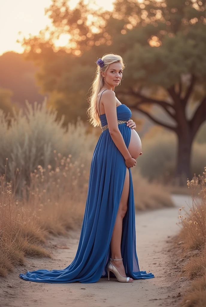 Second dimension beauty pregnant woman wallpaper, fully dressed in blue gown dress dress, outside in nature