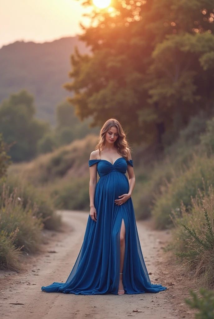 Second dimension beauty pregnant woman wallpaper, fully dressed in blue gown dress  dress, outside in nature