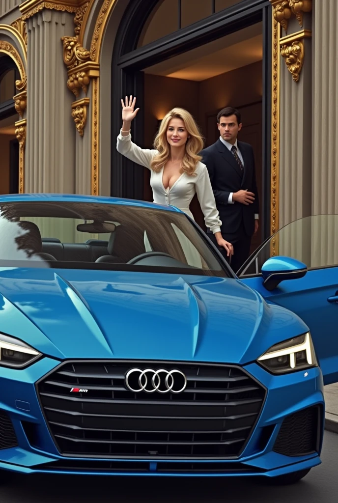 It generates a hyperrealistic image of a blonde-haired woman getting out of a blue Audi and waving goodbye to the driver through the window with a smile.. But from a window of a very ostentatious building, A black-haired man watches the scene