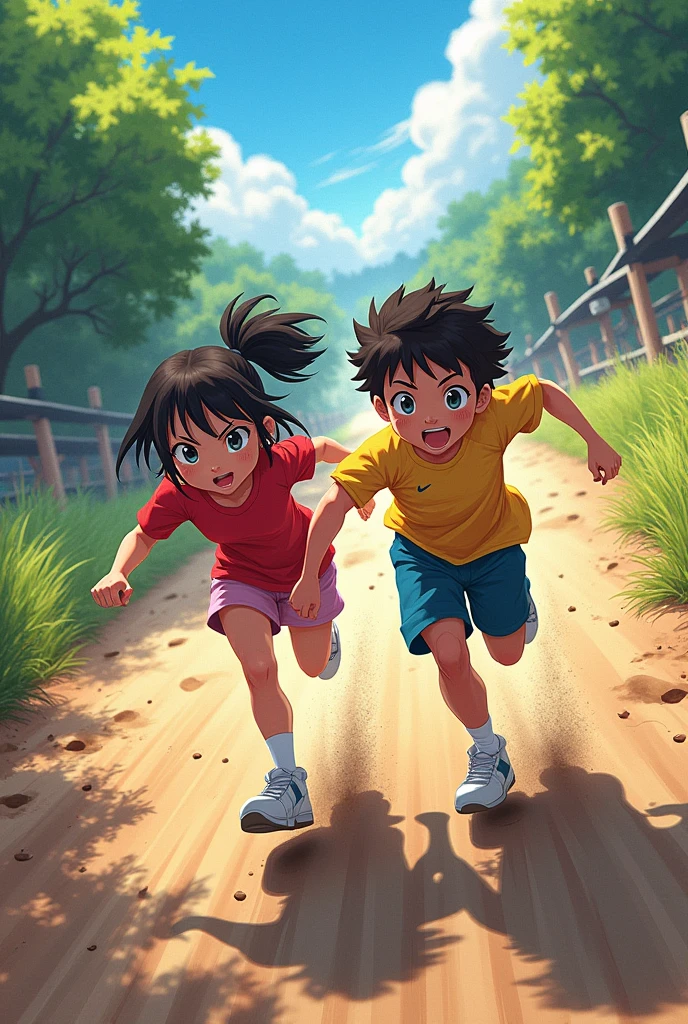 Girl and Boy are neck-and-neck, but Boy stumbles as an unexpected obstacle appears. Anime style.