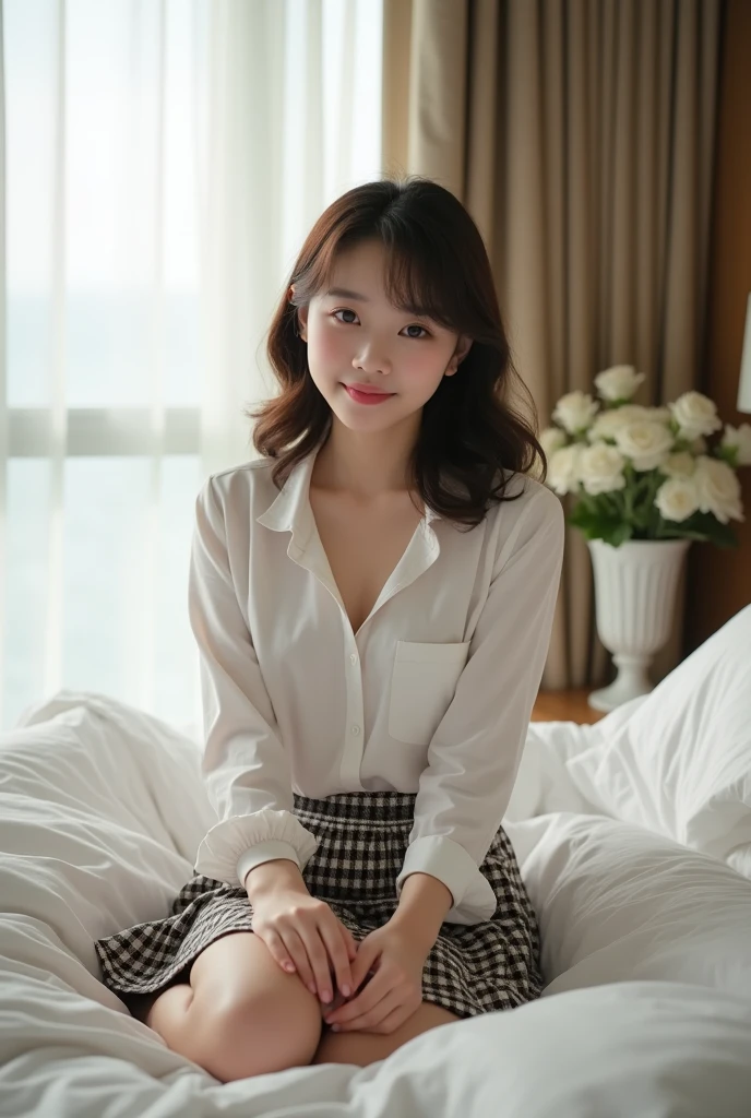 (High school girl in a suite:1.4, , Cute Face:1.5, Triangular face, Sitting on a luxurious bed), View your viewers, ((Embarrassing:1.3, smile:1.1)), shy smile, Open your mouth, Silky skin, Natural Makeup, Glossy Lips, Group shot, (Sexually suggestive:0.7), (Same school uniform:1.5, open-necked white shirt, See through , Place your hands on your chest:1.24), (naked :0.2), (Three Girls:1, Perfect Style, whole body), ((Slender body)), (Pleated Check Skirt, Showing panties), (RAW Photos:1.4),(( Legs wide open, ribbon, pantyhose:1.2)), (Gentle light, 16k wallpaper, RAW Photos, Idol), Become familiar, (Large windows with sea views, Expensive furniture:1.3, Sheets laid on the floor:1.4, Flowers in a planter)