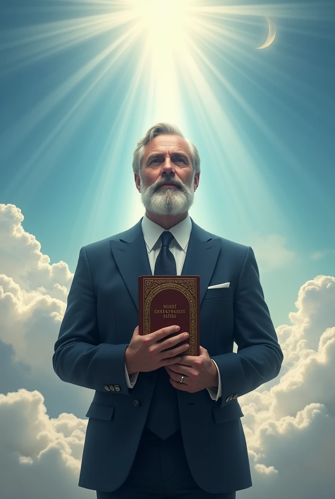 A man with a beard,wearing a dark blue suit,holding a bible on his hand,Heavenly Background
