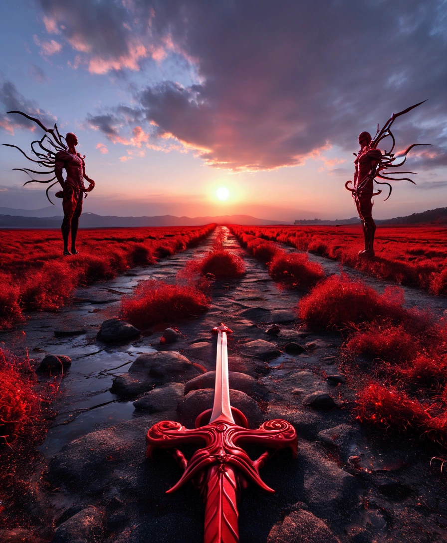 Ultra-high-definition, award-winning dark fantasy artwork featuring a surreal and eerie landscape in 4K resolution. The layout is vertical, with a central figure standing tall in the background, holding two intricately detailed swords. The figure has a skeletally accurate face and is draped in a meticulously textured, tattered, and flowing garment. The sky is a vivid, ominous red with a bright, glowing sun. The ground is cracked and barren, with a river of blood-red liquid flowing towards the foreground. In the foreground, there is a grotesque, anatomically correct, partially decomposed humanoid figure with exposed muscles and tendrils, lying on the ground, showcasing extraordinary texture and detail in its skin. The overall color palette is dominated by dark tones and shades of red, creating a haunting and unsettling atmosphere.