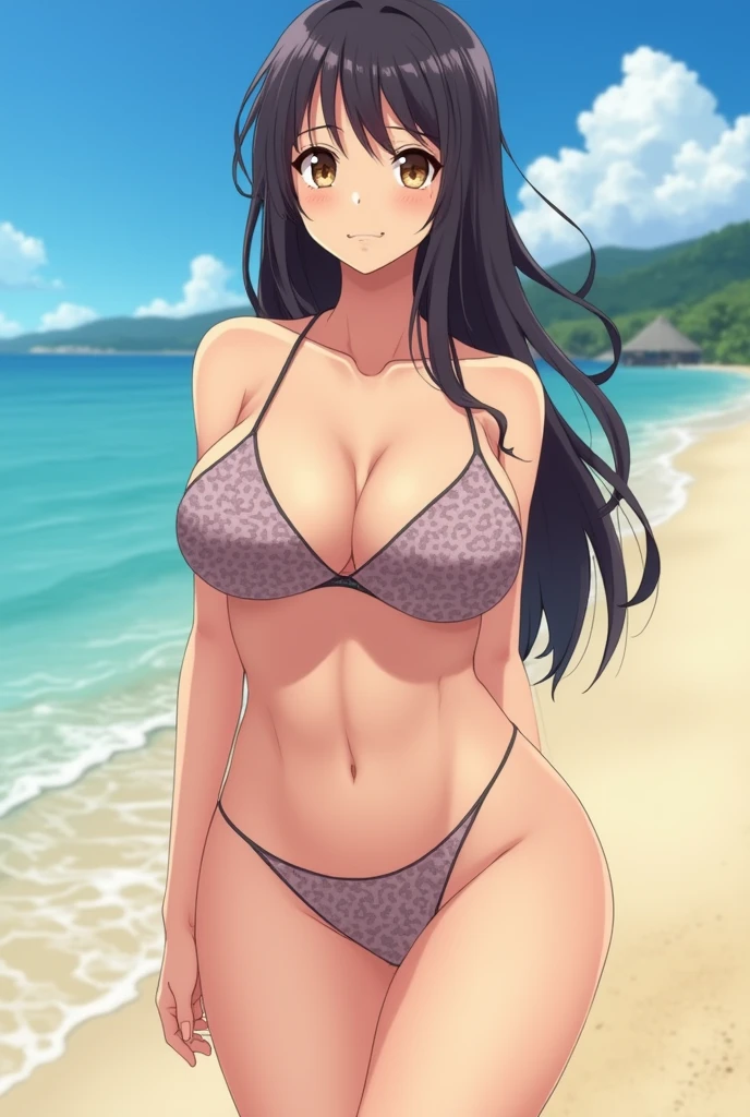 3 anime women, on the beach in front with very large breasts!, with very thin panties on her private parts and a very small and thin bra