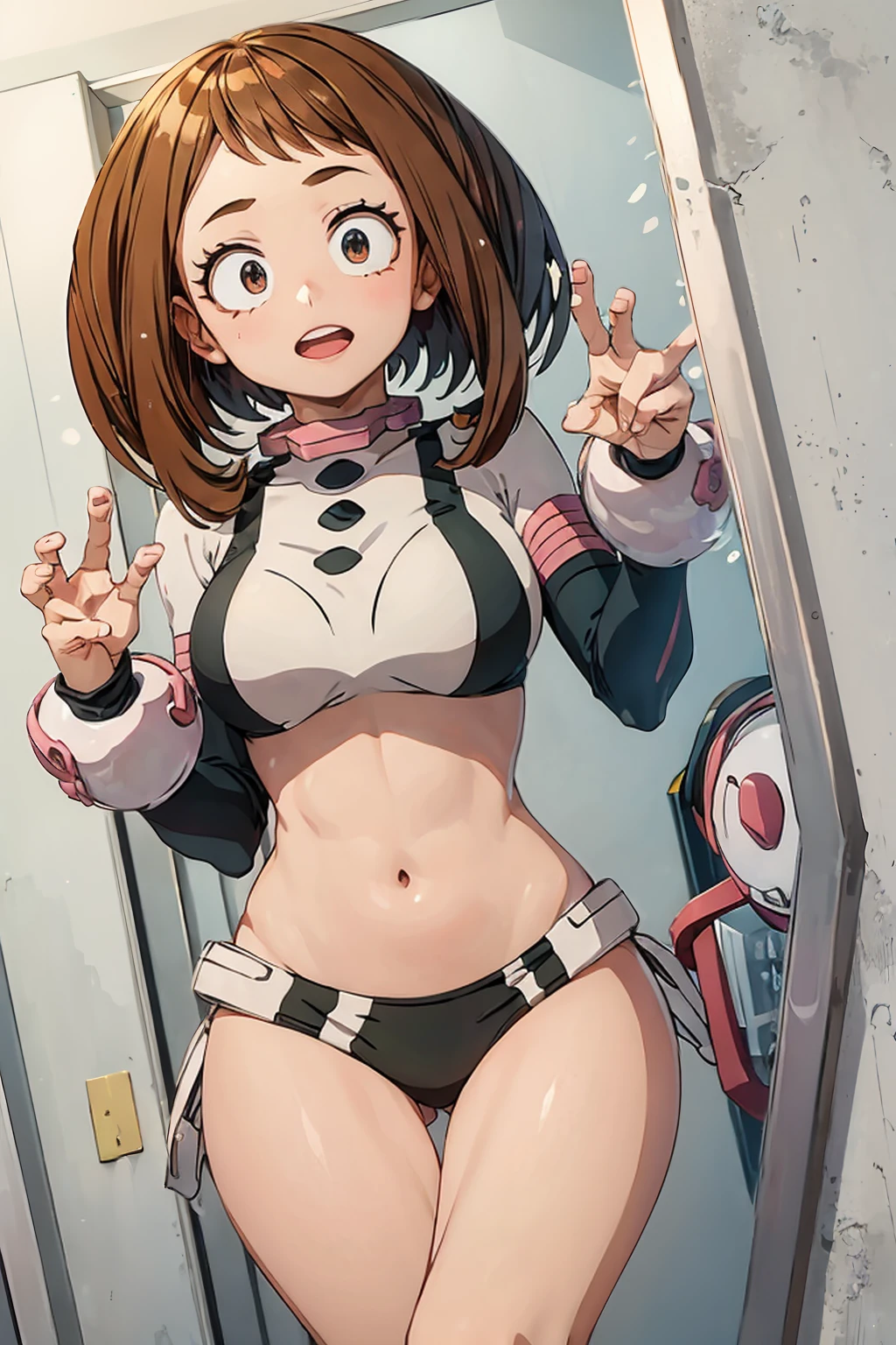 (Ochaco uraraka),(from Boku no Hero Academia), is a young woman with average height for her age, measuring approximately 156 centimeters. Her most notable features are her brown eyes, her short brown hair, and the tips of each finger.(Wearing),+,(bikini) 