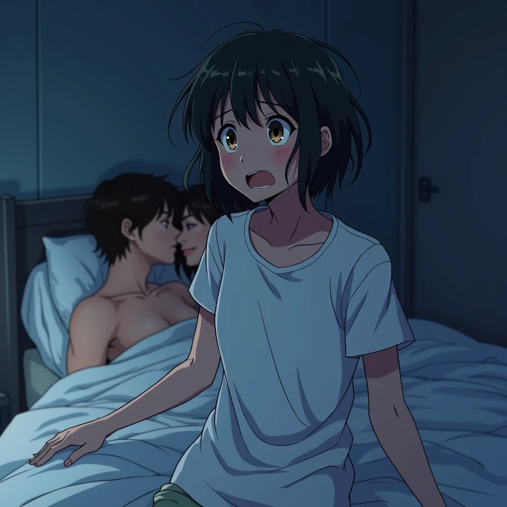 a in a wet T-shirt woke up in the middle of the night and saw her mom and dad having sex under a blanket naked in anime style