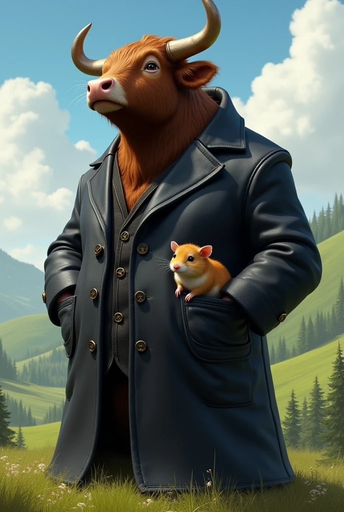 A gallant bull wearing a black coat and having a small hamster in his coat pocket