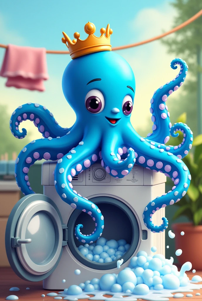 a blue KLEIN octopus , on top of a washing machine (The machine needs to be open with bubbles coming out of it. It has to have a nice and flashy cartoon style. It HAS to hold cleaning items. Put a crown on its head. Put a clothesline behind it.