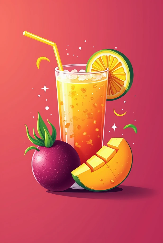 A logo for a michelada company, in elements it could be passion fruit and mango, and in background color you want pink or fuchsia, that inspires, that quenches heat and thirst, Name wants to be called YUE MARACUMANGO