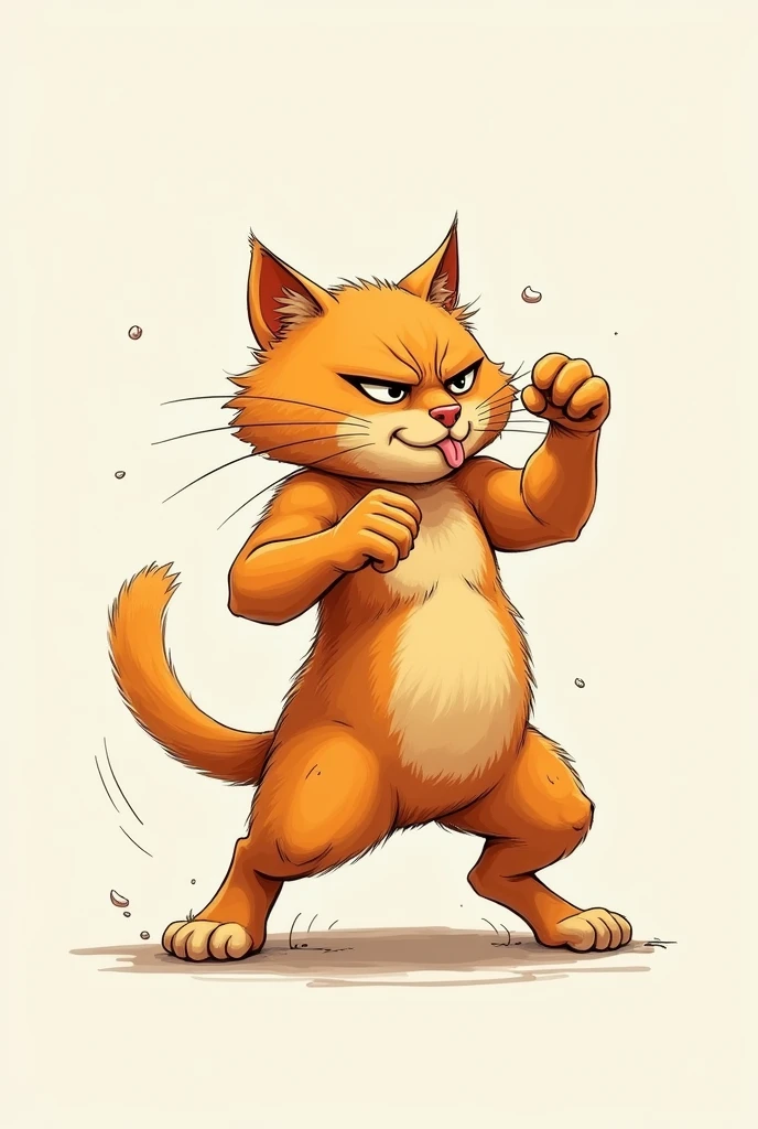 The same orange cat doing exercises and sweating very tired in a drawing