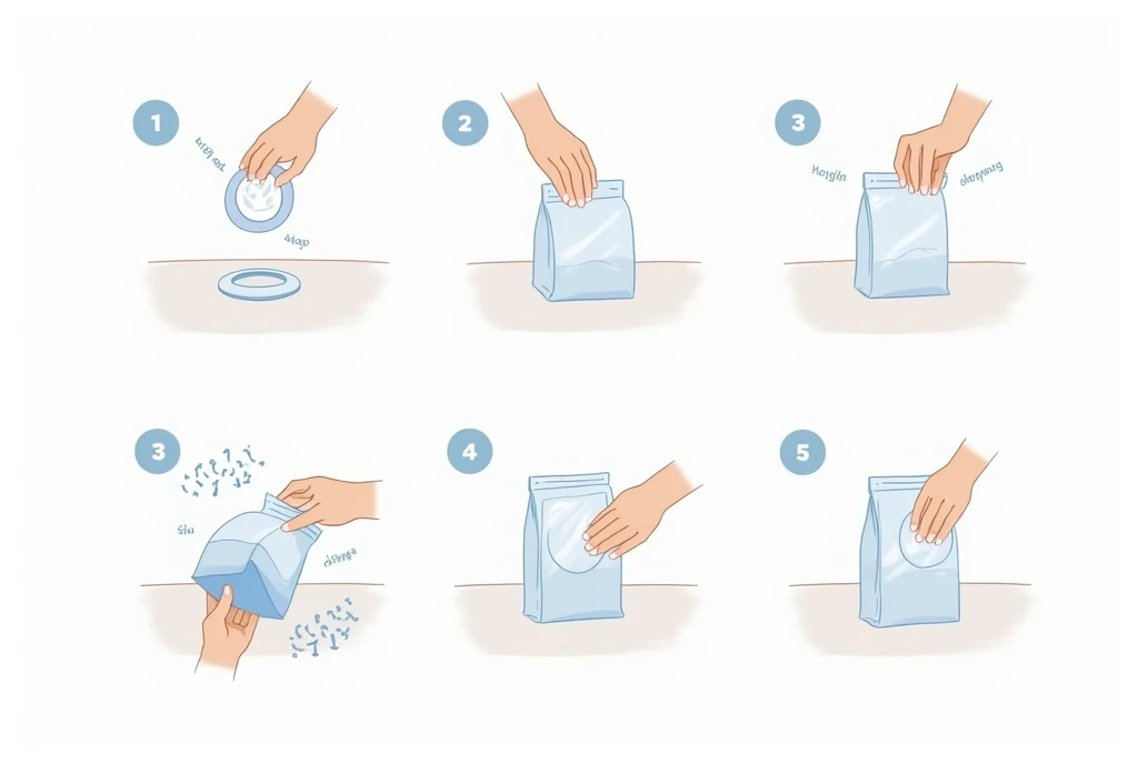 in just one image, illustrate three squares in sequence teaching how to use a laundry tablet.

The first illustration:
**Opening the round tablet bag**:
  A square bag with sealed edges is shown in the center of the image.. The top of the bag is being torn by two hands. The bag is transparent or semi-transparent, allowing the round blue tablet inside to be visible. The act of tearing the bag must be clear, perhaps with a small arrow indicating the direction of movement or a slight tilt of the bag to give the idea of rupture.
   - **focusing**: Highlight the act of tearing the bag with your hands, emphasizing the ease of opening.

The second illustration:
**Pressing the tablet into a surface**:
   A hand is pressing the tablet against a flat surface. The tablet is in the center, slightly sunk into the surface as if it were fixed. The surface can be represented as the bottom of a laundry basket or a laundry counter.. The hand should be tilted so that the palm is showing, pressing firmly..
   - **focusing**: The emphasis is on the hand applying pressure to the tablet, suggesting that it needs to be fixed correctly.

The third illustration:
3. **Throwing clothes over the tablet**:
   Two hands are throwing clothes over the tablet, that is already fixed to the surface. The clothes are in motion, with lines that suggest the downward movement. At the center, the tablet remains visible, indicating that it is at the bottom of the laundry basket.
   - **focusing**: Highlight the movement of clothes being thrown, with the fixed tablet visible as the central point of the scene.