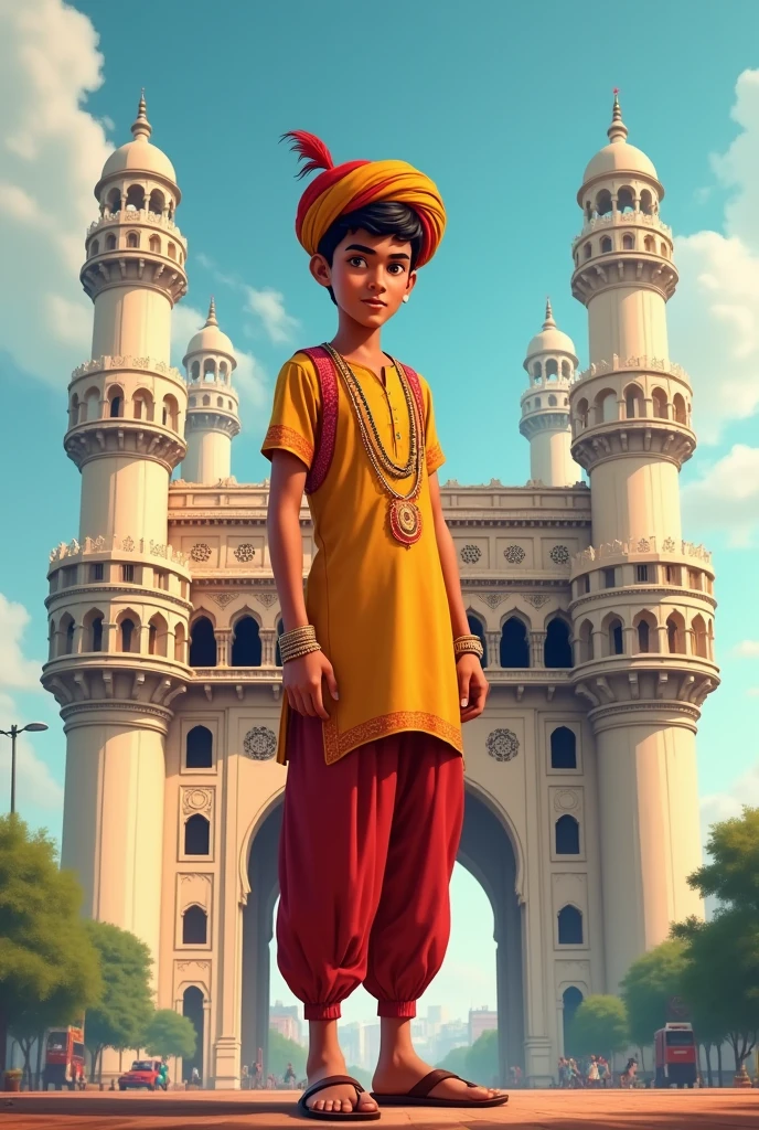 Hyderabad style boy pose with charminar and  Hyderabad background view