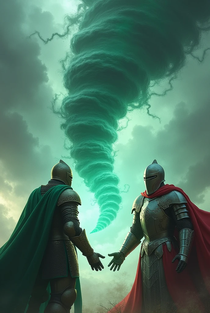 A knight in green armor and a green closed helmet holding and manipulating a tornado against a knight in silver armor and a silver closed helmet