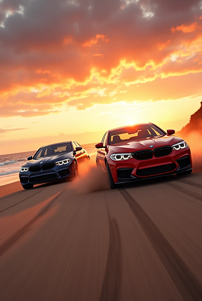 bmw m5 and porshe racing in the beach with sunset
