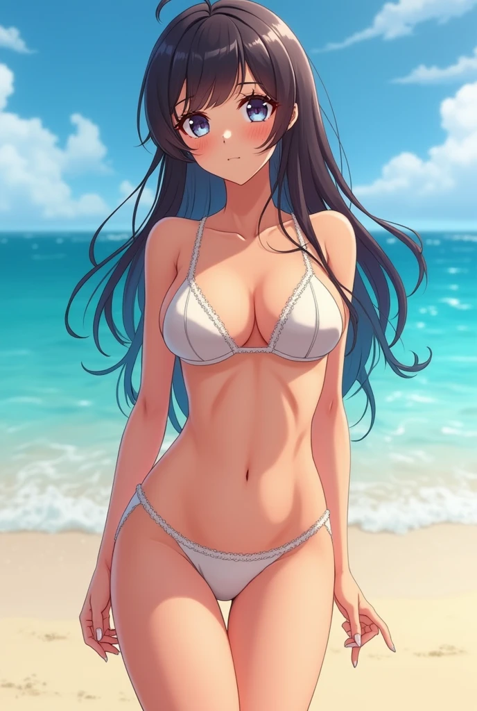 3 anime women, on the beach in front with very large breasts!, with very thin panties on her private parts and a very small and thin bra