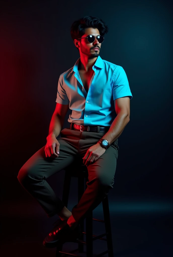 A tan long boy with and black wave hair and wearing a sunglass and sky blue short sleeve shirt tucked with dark brown belt with black long trousers, old watch, black loafers sitting on black stool and black background red and blue light on it and the boy turning right side and seeing right side