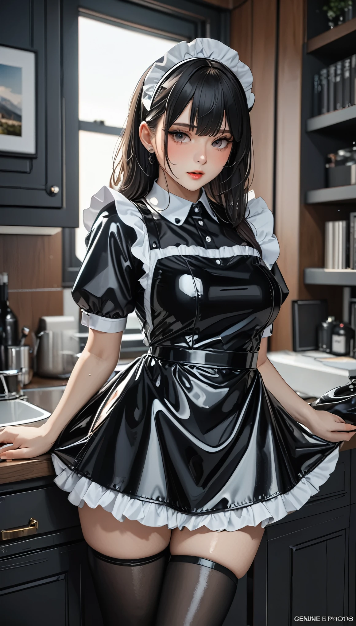 (8k, RAW Photos, Highest quality, masterpiece: 1.2), Super detailed, Super Resolution, (Genuine, Genuine photos: 1.37), Plain black latex maid costume
