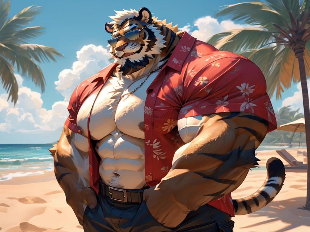 1boy, 1man, solo, a potrait (furry Tiger), (face, detailed face, bearded, white beard, thick mustache), (sunglasses), beach, extremely huge muscular, massive muscular , sixpack , (Hawaiian shirts, cargo shorts), well-muscled old man. ((extremely muscle size, super thick arms, huge pec, hyper pec, bigger chest, extremely wide pectoral , huge arms)), wide smiling. Add textures and details to make the image more realistic, such as the appearance of the. Make sure the resulting image is high resolution, 8K quality