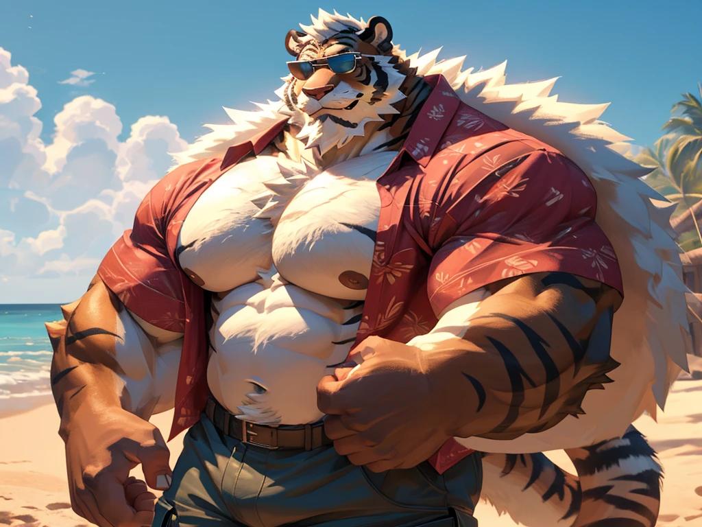 1boy, 1man, solo, a potrait (furry Tiger), (face, detailed face, bearded, white beard, thick mustache), (sunglasses), beach, extremely huge muscular, massive muscular , sixpack , (Hawaiian shirts, cargo shorts), well-muscled old man. ((extremely muscle size, super thick arms, huge pec, hyper pec, bigger chest, extremely wide pectoral , huge arms)), wide smiling. Add textures and details to make the image more realistic, such as the appearance of the. Make sure the resulting image is high resolution, 8K quality