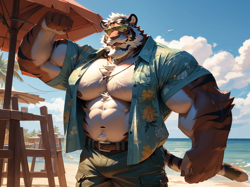 1boy, 1man, solo, a potrait (furry Tiger), (face, detailed face, bearded, white beard, thick mustache), (sunglasses), beach, extremely huge muscular, massive muscular , sixpack , (Hawaiian shirts, cargo shorts), well-muscled old man. ((extremely muscle size, super thick arms, huge pec, hyper pec, bigger chest, extremely wide pectoral , huge arms)), wide smiling. Add textures and details to make the image more realistic, such as the appearance of the. Make sure the resulting image is high resolution, 8K quality
