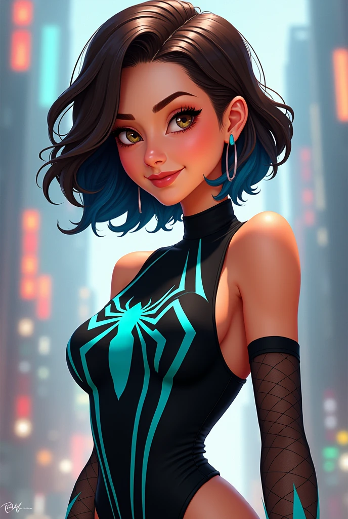 ((art animation 2D)) 20 year old woman with short wavy brown hair with dark blue dyed tips, Brown eyes, with good body, wearing a sleeveless black dress with a turquoise Spiderman logo on the chest with mesh sleeves 