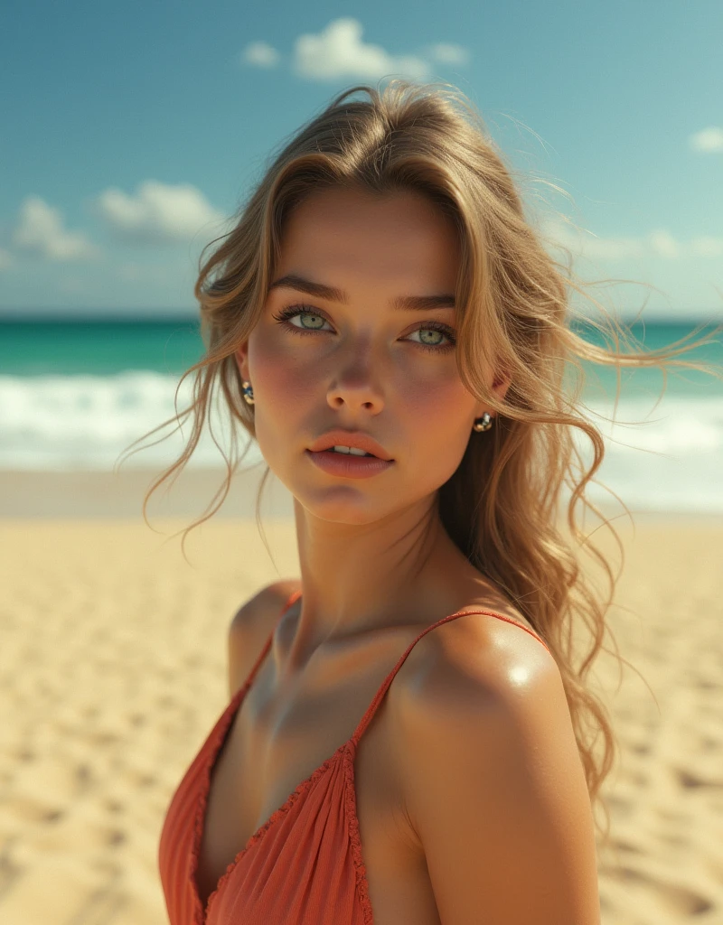 beautiful detailed eyes, beautiful detailed lips, extremely detailed eyes and face, long eyelashes, 1girl, realistic, photorealistic, photo-realistic:1.37, best quality, 4k, 8k, highres, masterpiece:1.2, ultra-detailed, realistic, photorealistic, photo-realistic:1.37, brown hair, walking on the beach, summer day, golden sand, crashing waves, blue sky, warm lighting, cinematic atmosphere
