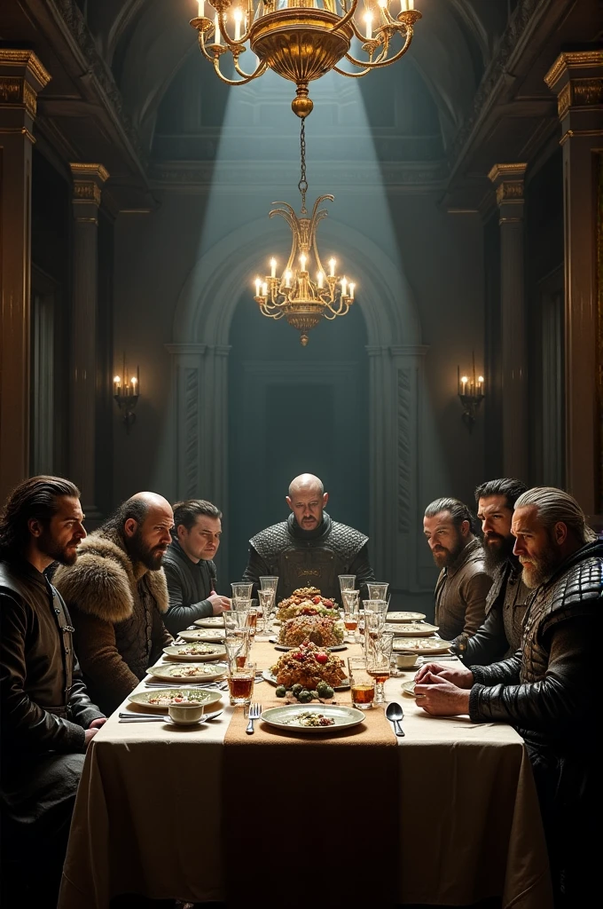 a large dining table(get inspired by the holy supper) with the following characters: ragnar lothbrok, jon snow, michael scofield, uthred ragnarsson, Walter White, thomas shelby, I WANT ALL THE CHARACTERS TO LOOK SIMILAR