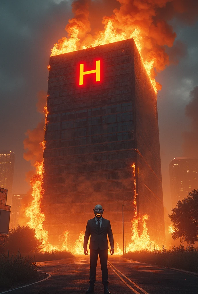 I want an image of a company on fire with a facade with a red letter H and a  smiling at the screen like the meme