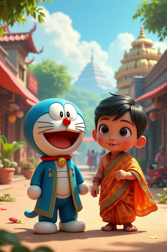 Gimme doraemon, nobita characters in south indian costumes in digital art work style
