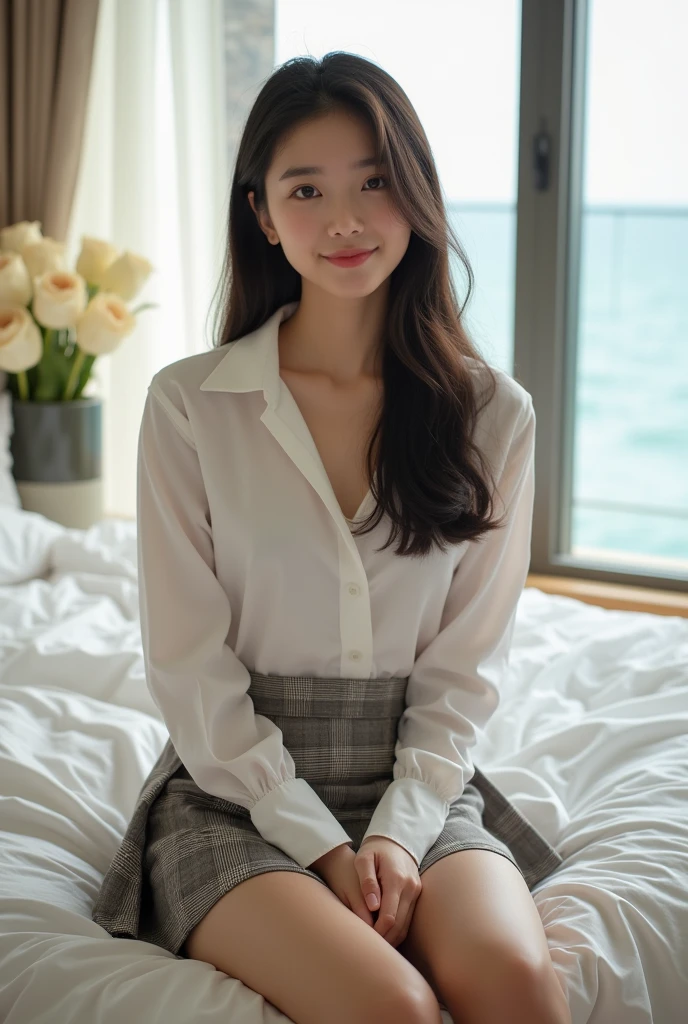 (High school girl in a suite:1.4, , Cute Face:1.5, Triangular face, Sitting on a luxurious bed), View your viewers, ((Embarrassing:1.3, smile:1.1)), shy smile, Open your mouth, Silky skin, Natural Makeup, Glossy Lips, Group shot, (Sexually suggestive:0.7), (Same school uniform:1.5, open-necked white shirt, See through , Place your hands on your chest:1.24), (naked :0.2), (Three Girls:1, Perfect Style, whole body), ((Slender body)), (Pleated Check Skirt, Showing panties), (RAW Photos:1.4),(( Legs wide open, ribbon, pantyhose:1.2)), (Gentle light, 16k wallpaper, RAW Photos, Idol), Become familiar, (Large windows with sea views, Expensive furniture:1.3, Sheets laid on the floor:1.4, Flowers in a planter)