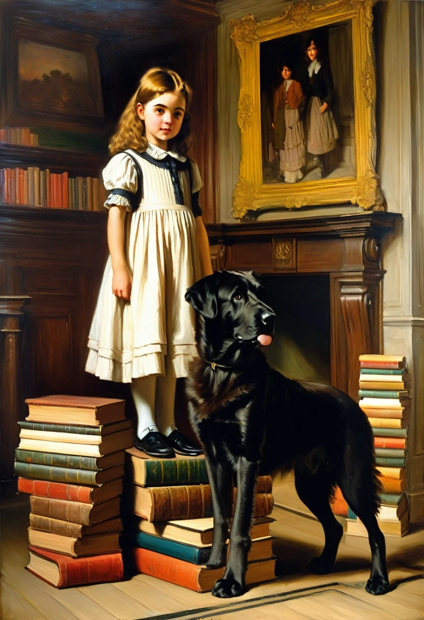A painting of a  and a huge dog in a room, the girl is standing on a stack of books and is still taller than the dog, Arthur John Elsley, high detail, inspired by Arthur John Elsley, beautiful painting