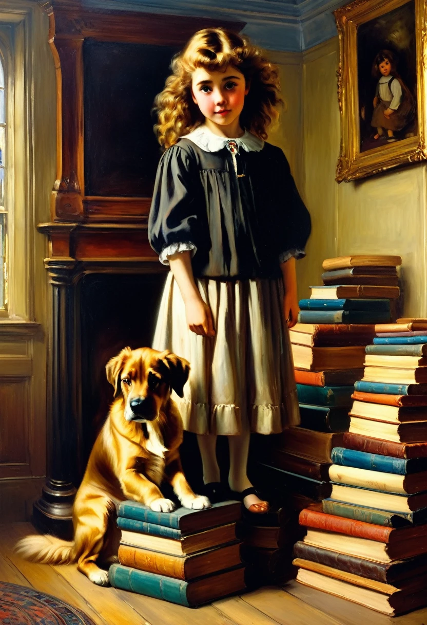 A painting of a and a huge dog in a room, the girl is standing on a stack of books and is still taller than the dog, Arthur John Elsley, high detail, inspired by Arthur John Elsley, beautiful painting