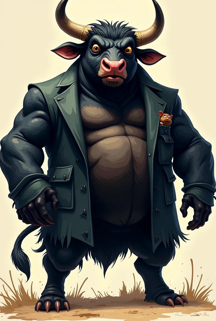 A gallant bull with crazy laugh wearing a black coat and having a small hamster in his coat pocket