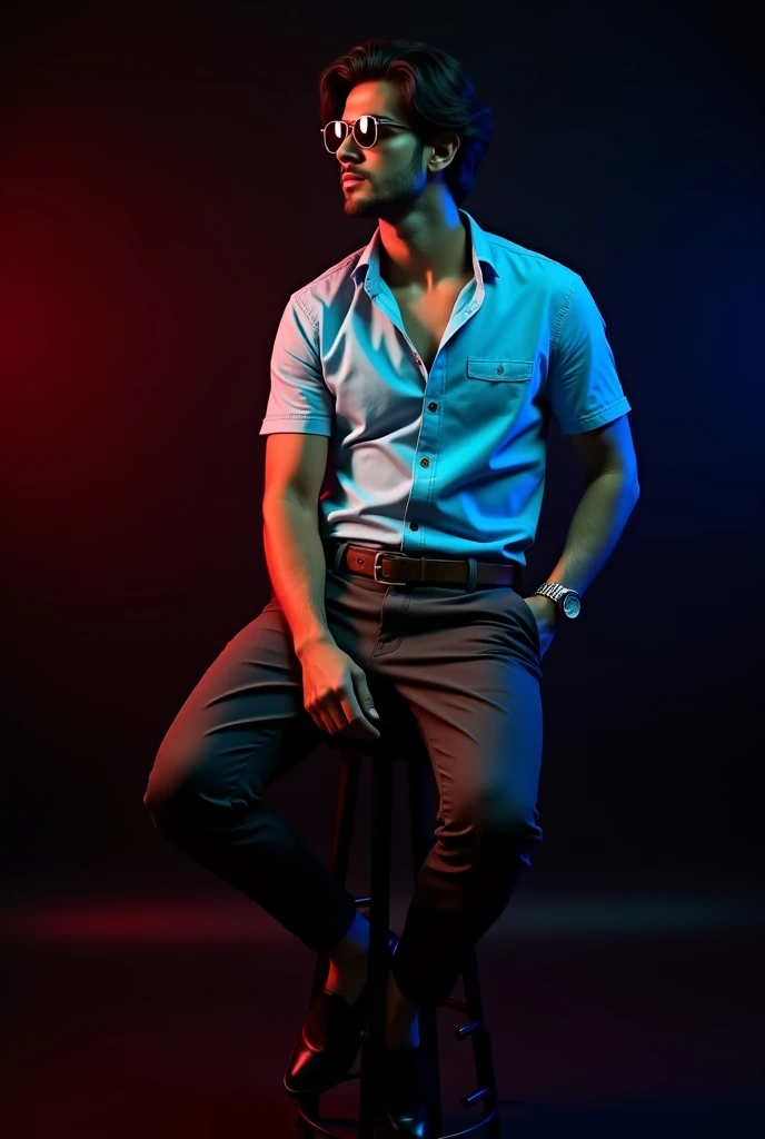 A  tan long boy with  and black wave hair and wearing a sunglass and sky blue short sleeve shirt tucked with dark brown belt with black long trousers, old watch, black loafers sitting on black stool and black background red and blue light on it and the boy turning right side and seeing right side 