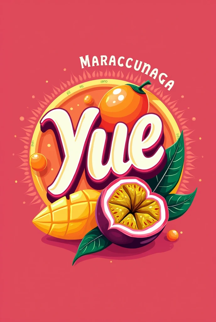 A logo for a michelada company, in elements it could be passion fruit and mango, and in background color you want pink or fuchsia, that inspires, that quenches heat and thirst, Name wants to be called YUE MARACUMANGO, that the logo contains the words and the image is rounded