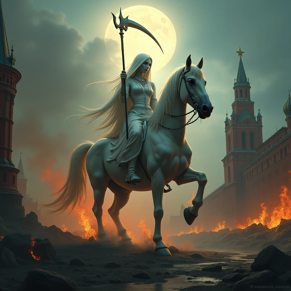 Apocalypse, The Virgin Death with a scythe in her hands on a pale horse, burning ruins above the Burning Ruins of the Moscow Kremlin and Red Square at the bottom of the picture, and above in the sky is a shining Ukrainian trident and a blue-yellow flag, ((masterpiece, top quality, Highest image quality, a high resolution, photorealistic, RAW photo, 8 K)), ((extremely detailed wallpaper CG unified 8k)), (Huge stunning goddess shot, Very hot and sexy, потрясающая beauty, perfect proportions, beautiful body, slender body, beauty:1.4)