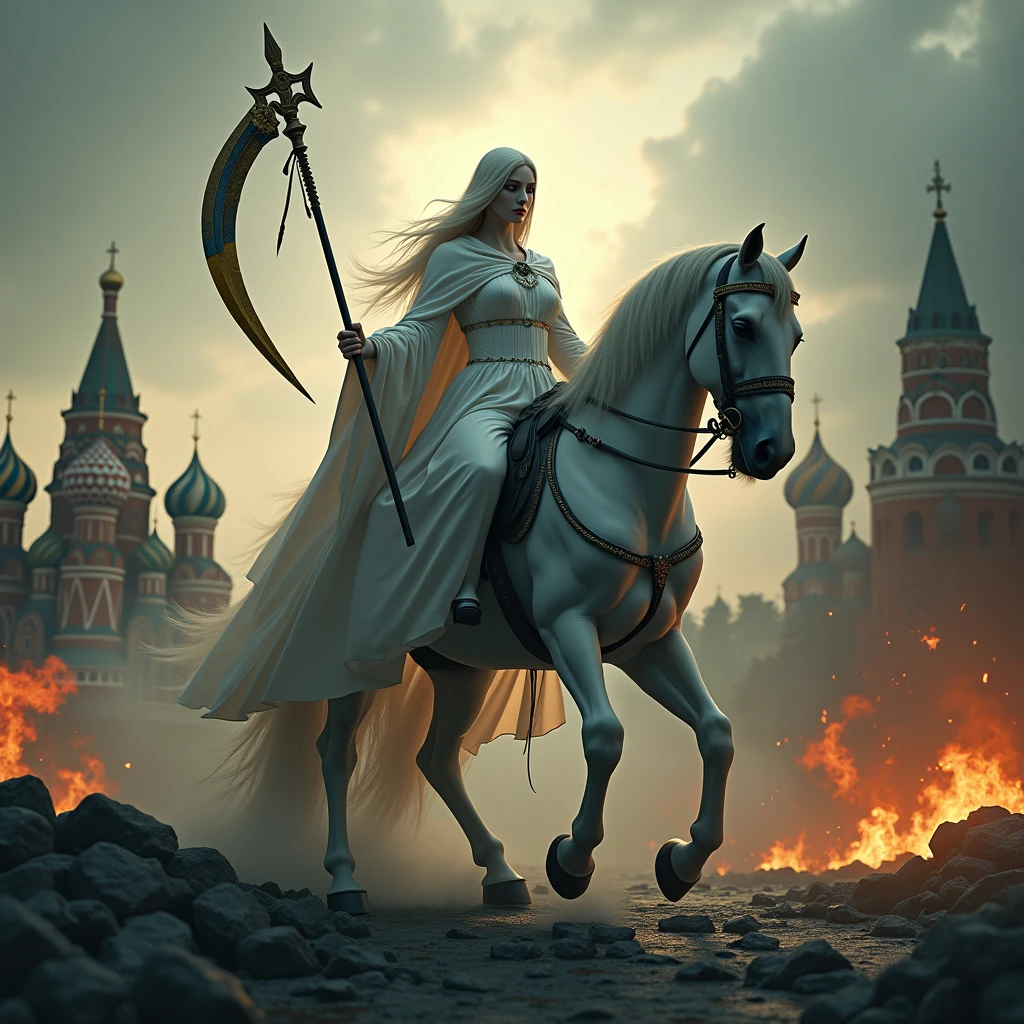Apocalypse, The Virgin Death with a scythe in her hands on a pale horse, burning ruins above the Burning Ruins of the Moscow Kremlin and Red Square at the bottom of the picture, and above in the sky is a shining Ukrainian trident and a blue-yellow flag, ((masterpiece, top quality, Highest image quality, a high resolution, photorealistic, RAW photo, 8 K)), ((extremely detailed wallpaper CG unified 8k)), (Huge stunning goddess shot, Very hot and sexy, потрясающая beauty, perfect proportions, beautiful body, slender body, beauty:1.4)
