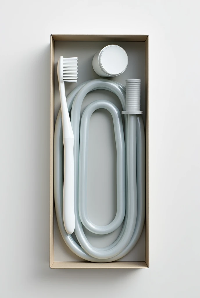 A box that contains one toothbrush made of plastic and a tube made of latex.
The tube is designed to be connected to a faucet.
The toothbrush and the tube are separate parts in the package.
The tube can be detached from the toothbrush using a nut mechanism, so they are packed separately in the box.
the tube is 97 cm of large
the box is big and the tube is very large