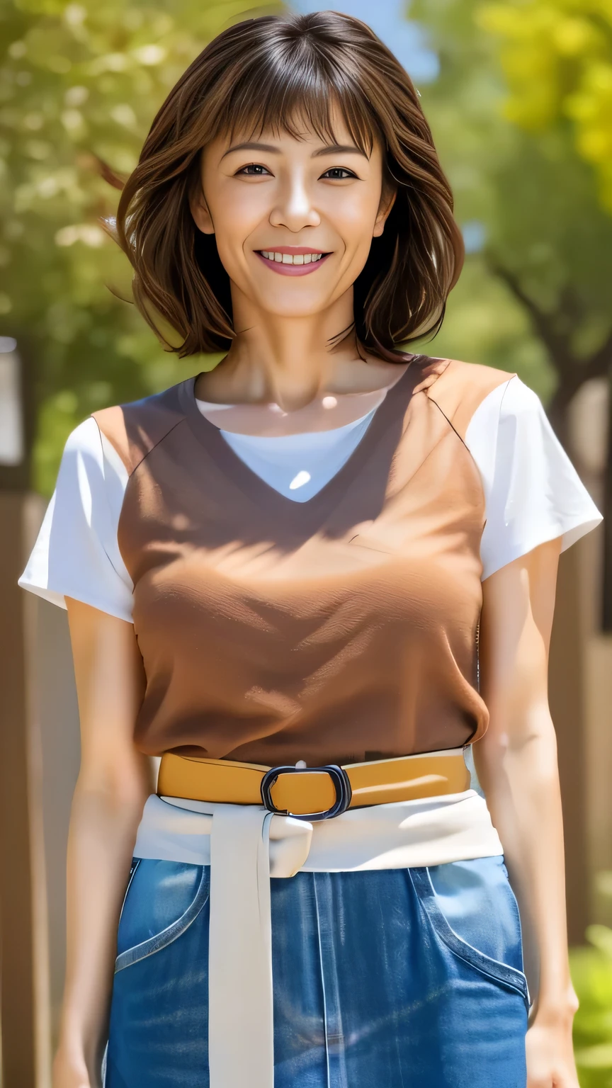 Japanese women、40 years old、Brown Hair、Very Short Hair、Big smile、Close-up photo focusing on upper body、T-shirt and denim skirt with belt、uhd, anatomically correct, textured skin, super detail, best quality, 8k