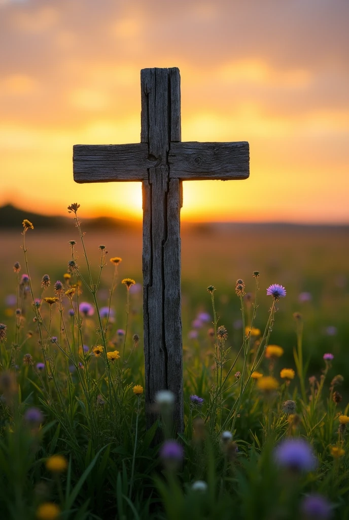 Cross at sunset in a beautiful field