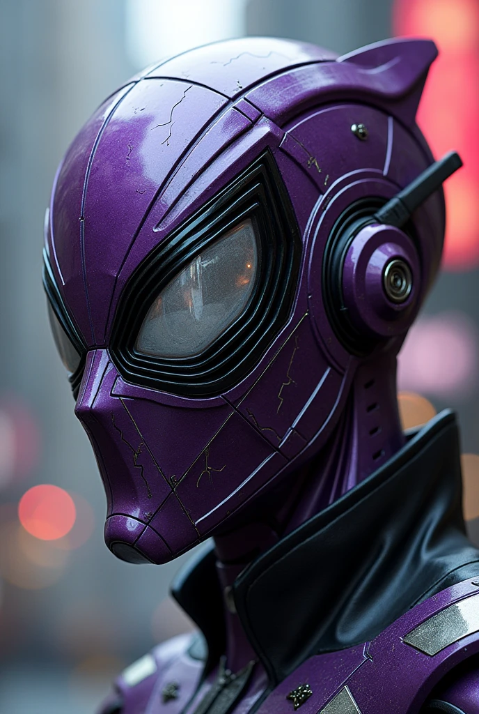 "Design a retro 1997 superhero mask that is completely unique and only loosely inspired by the essence of Spider-Man. The mask should have a more angular, almost helmet-like structure, with sharp lines and a futuristic look. Use a color palette that stands out from traditional superhero masks, such as deep purple with metallic silver accents. The eyes should be slits or narrow, with a reflective, mirror-like surface. Incorporate abstract patterns, like jagged lightning bolts or tribal markings, instead of webs. The mask should feel like a fusion of urban streetwear and high-tech armor, with textured materials like carbon fiber or leather. Add elements like a breathing apparatus or small, decorative antennae to further differentiate it. The overall vibe should be a mix of retro-futurism and grunge, far removed from the classic superhero designs."
---
This design should create a mask that feels original and very different from Spider-Man.