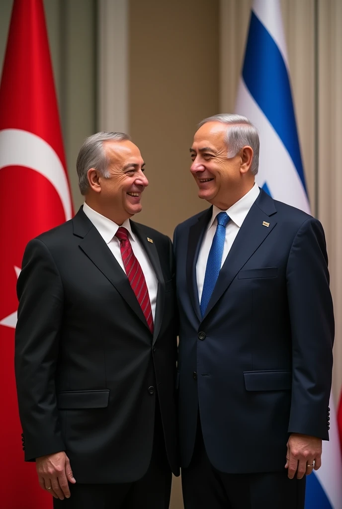 Recep Tayyip Erdoğan and Netanyahu Laughing Together Next to the Turkish Flag and the Israeli Flag