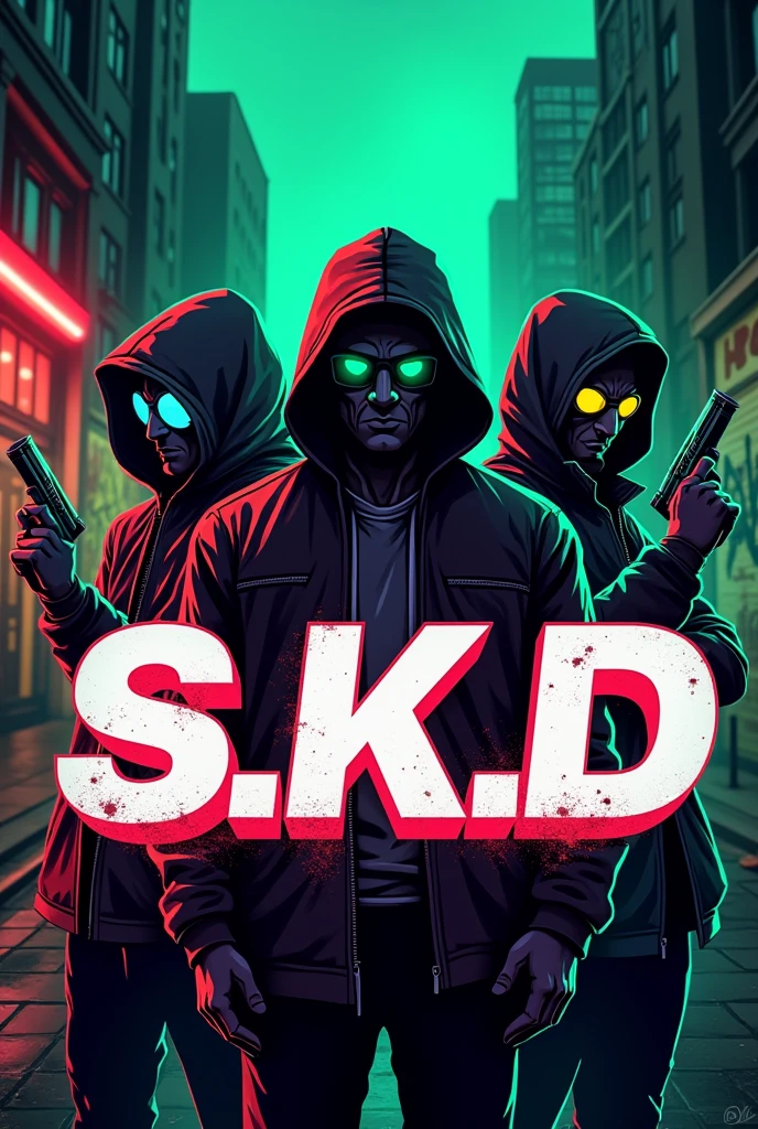 Gamer logo for tik tok that says (s.k.D) and have three criminals 