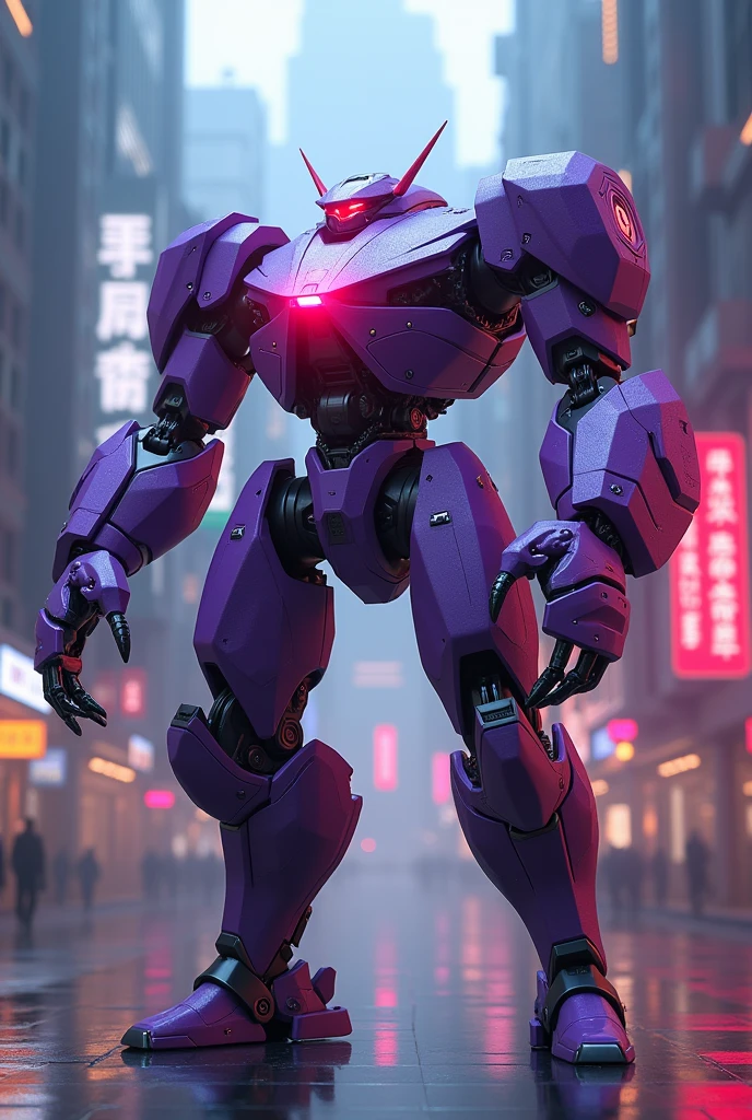 a highly detailed hexagonal prism robot with crab-like legs, red eyes, sharp teeth, a purple crab-shaped body, floating and flying. claw hand. high tech design. hulkbuster body. mecha robot. big bazooka.,Cyberpunk, dreamy glow, luminous neon lights, ( Global illumination, Ray traching, hdr, unreal render,reasonable design, high detal, Masterpiece, Best quality, hyper HD, Cinematic lighting), Mecha musume