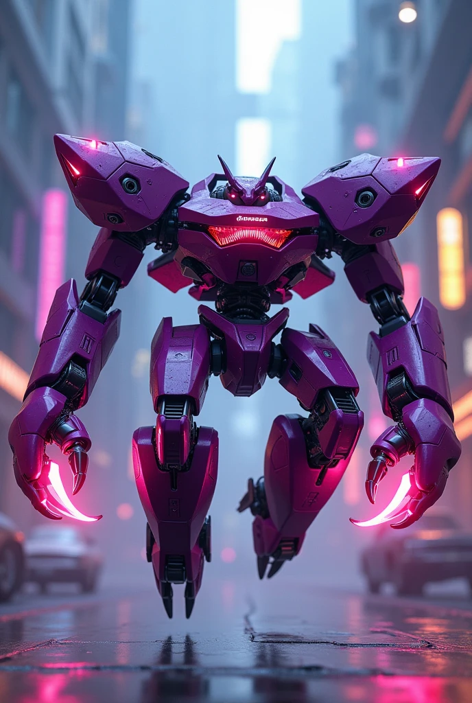 a highly detailed hexagonal prism robot with crab-like legs, red eyes, sharp teeth, a purple crab-shaped body, floating and flying. claw hand. high tech design. hulkbuster body. mecha robot. big bazooka.,Cyberpunk, dreamy glow, luminous neon lights, ( Global illumination, Ray traching, hdr, unreal render,reasonable design, high detal, Masterpiece, Best quality, hyper HD, Cinematic lighting), Mecha musume