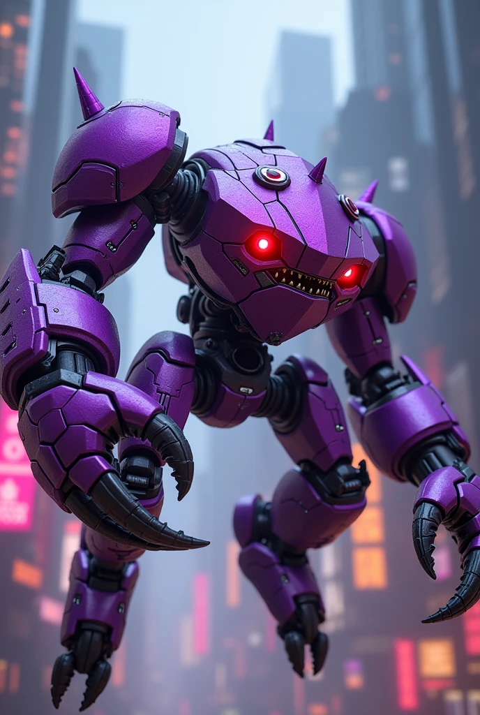 a highly detailed hexagonal prism robot with crab-like legs, red eyes, sharp teeth, a purple crab-shaped body, floating and flying. claw hand. high tech design. hulkbuster body. mecha robot. big bazooka.,Cyberpunk, dreamy glow, luminous neon lights, ( Global illumination, Ray traching, hdr, unreal render,reasonable design, high detal, Masterpiece, Best quality, hyper HD, Cinematic lighting), Mecha musume