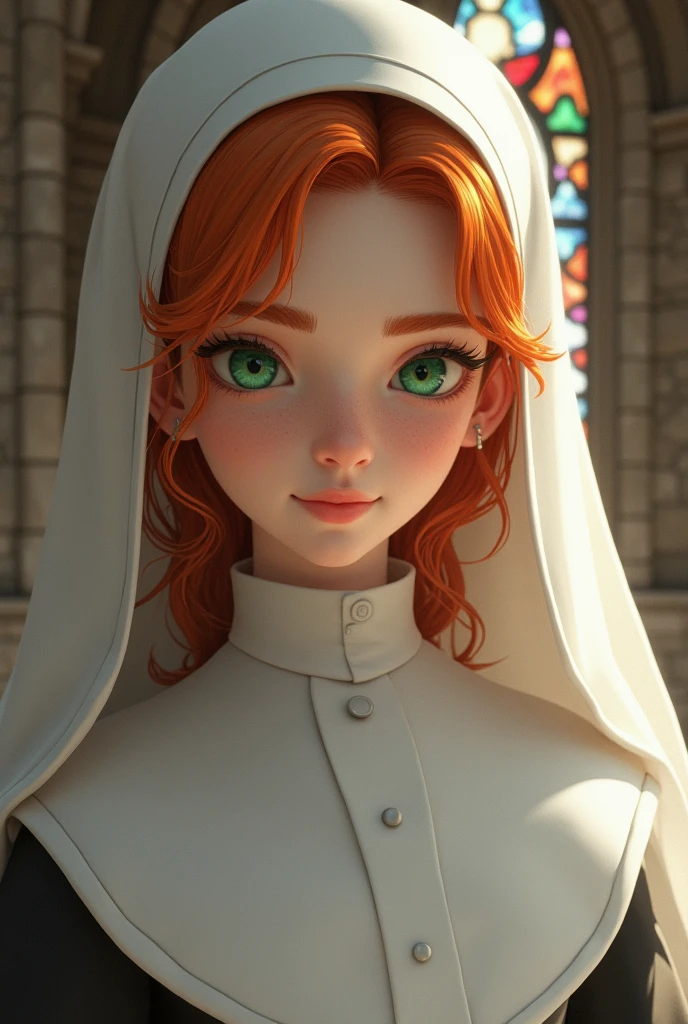 Girl: A young woman with a serene and confident expression.
Eyes: Vibrant green, intense and bright, with a striking and expressive gaze.
Hair: Fiery orange-red, voluminous and well-maintained. The hair is styled elegantly, possibly in a bun or a hairstyle that works well under the veil.
Clothing:
Outfit: She wears a traditional nun's habit. The habit is black, with a long, flowing skirt and a long-sleeved tunic that fits smoothly against the body. The upper part of the habit is covered by a white veil that frames the girl’s face.
Details: The habit may have subtle details such as buttons or discrete lace, but it is mostly simple and austere, typical of traditional vestments.
Setting:
Background: The background could be a church with stone walls and colorful stained glass windows, creating a calm and sacred atmosphere