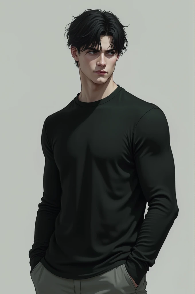 a boy who is tall, about 18 to 20 years old,dark hair, dark eyes,White skin,dressed in black with a thermal shirt, some grey pants and a muscular body but not too much.