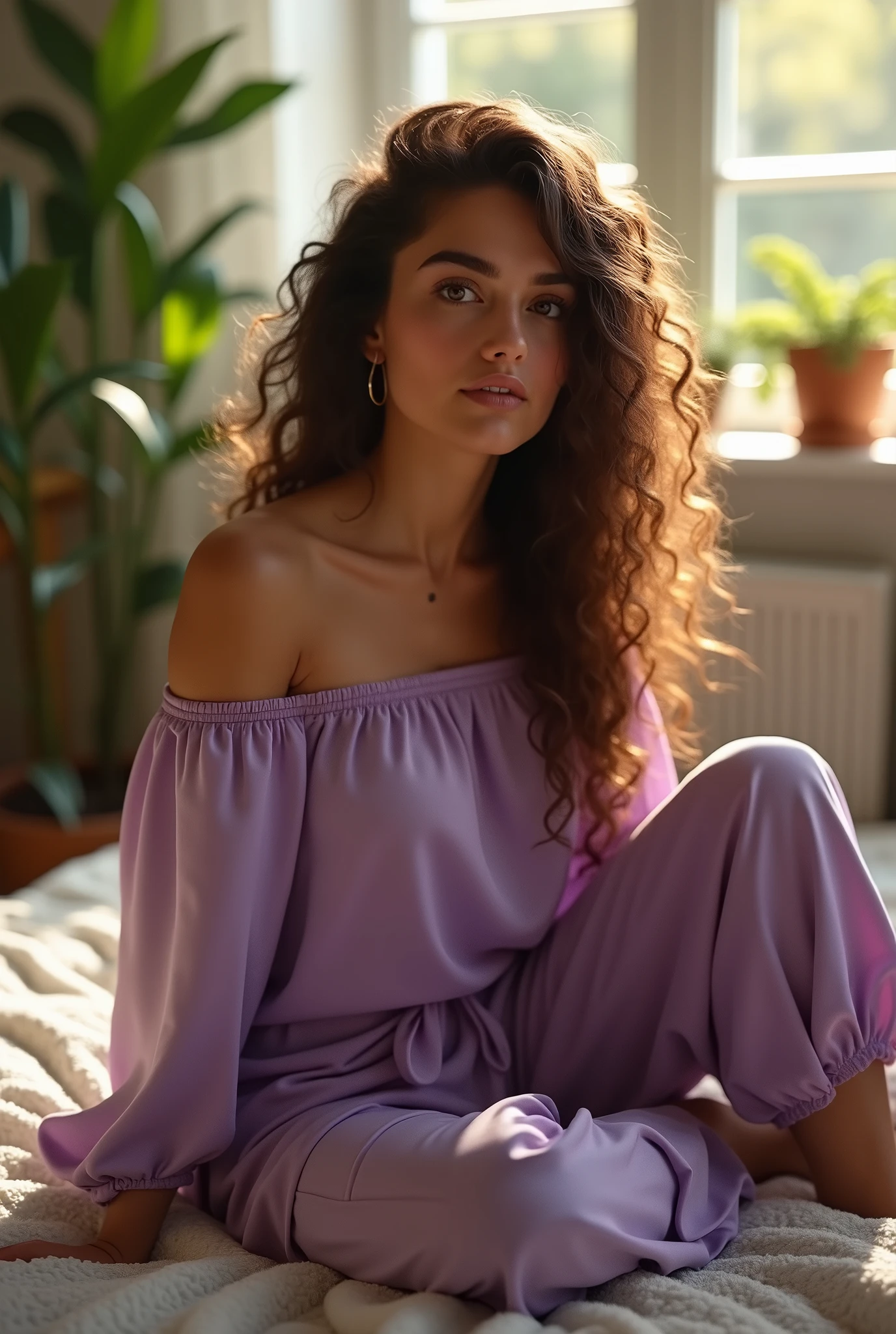 (photorealism:1.2), beautiful woman, sitting on bed, wearing loose PURPLE off-shoulder top, pajama pants, long curly hair, indoors, soft lighting, plants in background, window with sunlight, cozy room, relaxed pose, realistic, intricate details, warm colors, by Greg Rutkowski, by Alphonse Mucha