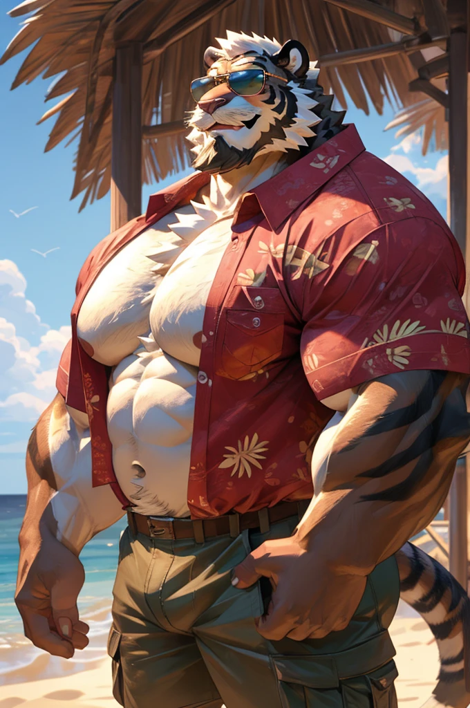 1boy, 1man, solo, a potrait (furry Tiger), (face, detailed face, bearded, white beard, thick mustache), (sunglasses), beach, extremely huge muscular, massive muscular , sixpack , (Hawaiian shirts, cargo shorts), well-muscled old man. ((extremely muscle size, super thick arms, huge pec, hyper pec, bigger chest, extremely wide pectoral , huge arms)), wide smiling. Add textures and details to make the image more realistic, such as the appearance of the. Make sure the resulting image is high resolution, 8K quality